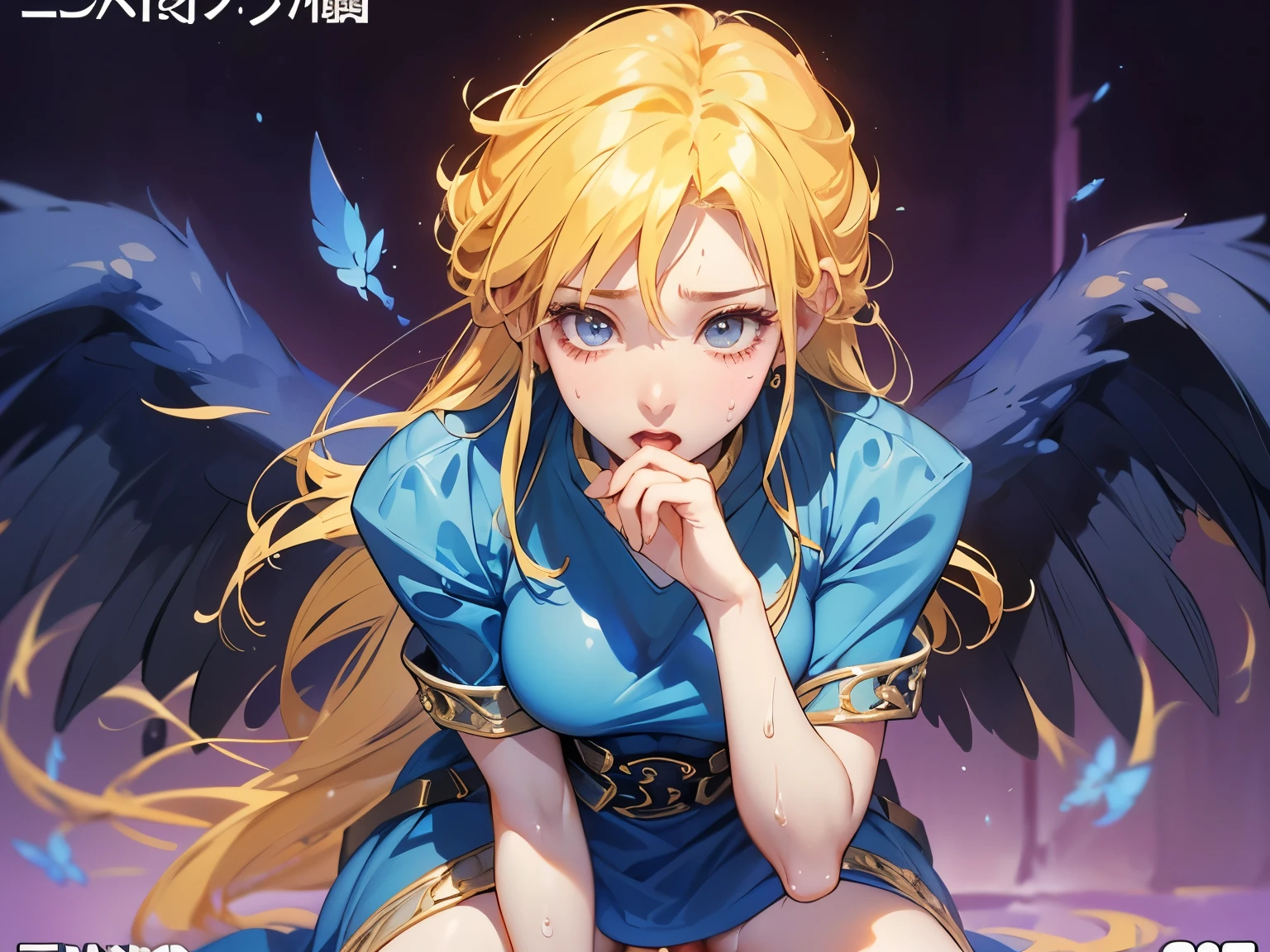 masterpiece、(front,shot from below)、Nina、breath of fire2, Gold、blue dress、 black wings、((cowgirl position、kneel、Straddle a man))、(Hide your pubic area〜、((cover、sweat、sad))、(Yawn、orgasm、太腿のsweat)、simple background、No captions or watermarks