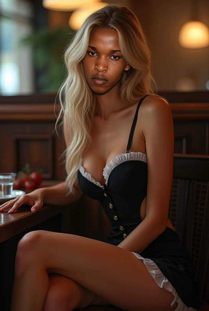 "Create an anime-style illustration (portrait) of a young and beautiful completely nude black woman, facing forward, sitting at a table in a cozy café illuminated by the morning sun. She has waist-length, wavy blonde hair styled with a simple black headband. Nude. The morning sunlight gently bathes the café, creating a warm and inviting atmosphere around her."
