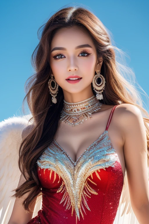 8k, masterpiece, RAW photo, best quality, photorealistic, extremely detailed CG unity 8k wallpaper, Depth of field, Cinematic Light, Lens Flare, Ray tracing, (extremely beautiful face, beautiful lips, beautiful eyes), intricate detail face, ((ultra detailed skin)), ((1girl:1.9)), ((alone:1.9)), ((seductively standing pose)), (official art, beautiful and aesthetic:1.2), deep shadow, (sharp focus), [((Raiana-Elizabeth-Dilla:1.9))], pretty girl, (very slim slender fit-muscled body:1.9), ((beautiful legs:1.4)), (big smile:1), (((ultra-short ((red:1.5)) casual-style clothes))), (((fractal art:1.1),(colorful:1.1)(flowers:1.3),(zentangle:1.2), (abstract background:1.3), (shiny skin), (many colors:1.4), (feathers:1.5))), beautiful earrings, bracelets, necklace, red pendant, clear eyes, (pale skin), (face forward), ((whole-body-view)), ((full-body:1.8, cinematic shot)), soft lighting, (long black hairs), (looking at viewer:1.8), cleavage breasts, (large breasts:1.4), highly detailed, ultra realistic, extremely detailed and realistic ((red:1.5)) clothes.