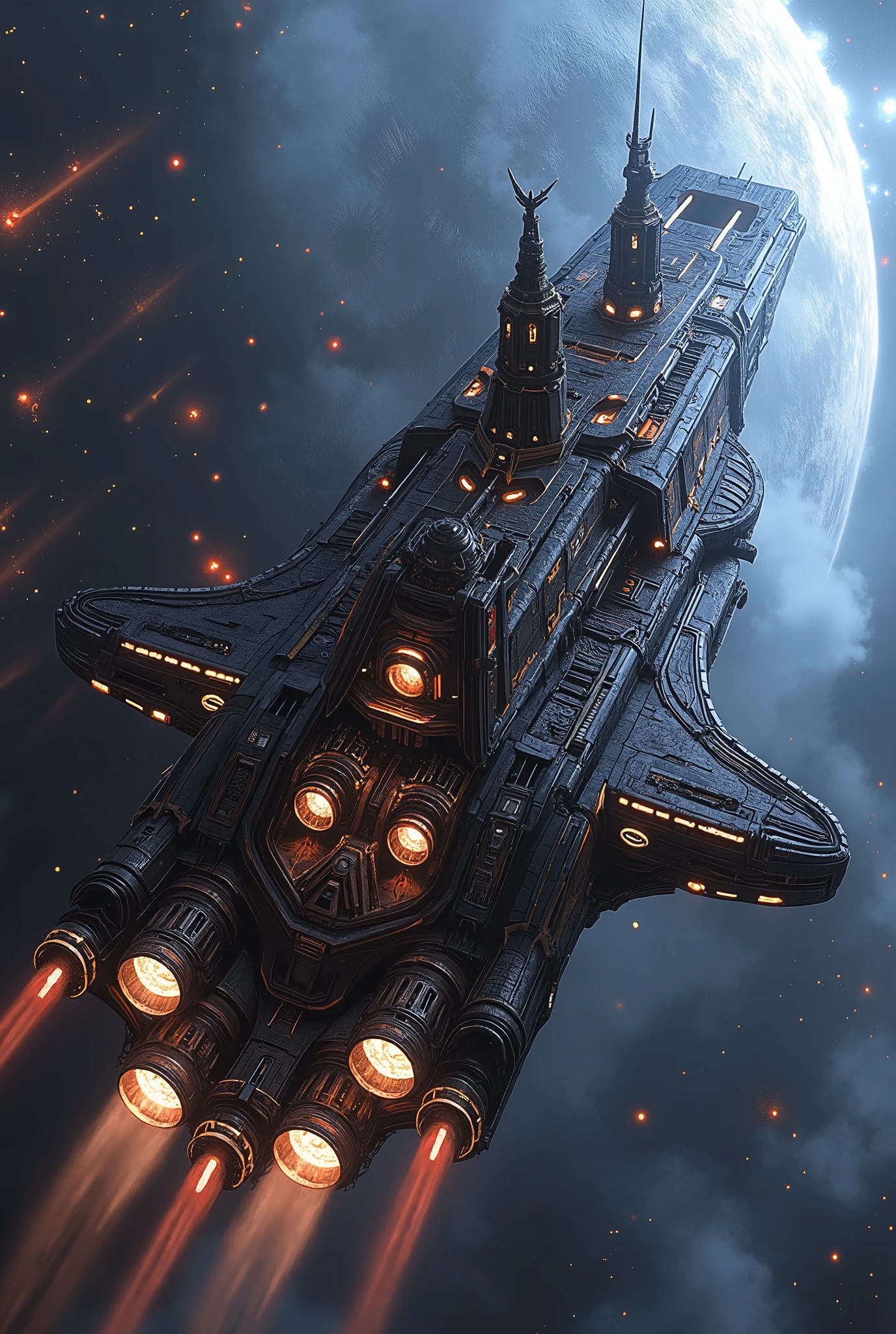 (Masterpiece, ultra-realistic, 32k, best quality, hyper-detailed, cinematic lighting, reversal film photography, film grain, intricate textures, photorealistic, dramatic composition, immersive depth, trending on ArtStation.) (Sci-fi medieval fusion, gothic-mechanical architecture, cybernetic decay, divine yet eerie atmosphere, banners fluttering, ) Empty interstellar cosmic background, The giant space Battle cruiser wandering through. (Sci-fi medieval fusion, gothic-mechanical architecture top, Byzantine styles, towering spires, )(A dynamic wide-angle shot, with volumetric lighting, deep atmospheric contrast, and high cinematic tension, evoking a sense of solemn reverence and otherworldly power.)