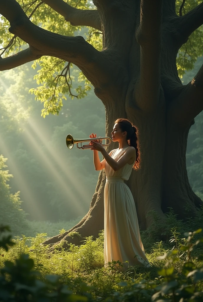 beautiful woman in a nightgown in the morning in the fog and sunlight walking on the grass and four-leaf clover and playing the trumpet, hight quality, photorealistic,8K
