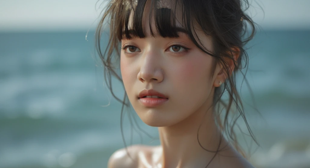 (masterpiece, Highest quality, RAW UHD Format)、Film Grain and High Contrast, Bokeh, Natural light, Looking into the camera, Accurate, Anatomically correct, Side lighting, (300mm lens, f/1.4), (a Japanese woman, 18 years old), (plump lips:1.8, plump chin:1.8, plump cheeks:1.6, cute nose:1.5), short hair,(比基尼 : Random), close-up, beach , clear water like Hawaiian sea, add flavor of tropical island life