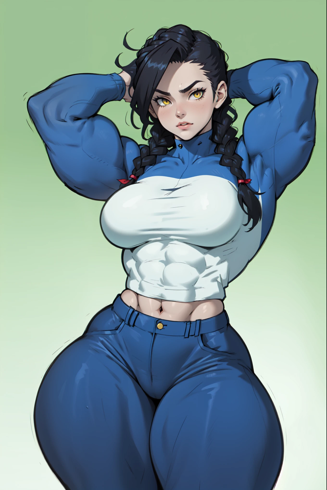 1girl solo black hair yellow eyes very long hair pale skin muscular muscular muscular muscular toned body huge muscles thick thighs girl tight clothes angry blushing morning hair leggings tight shirt long sleeves thick thick thick thick