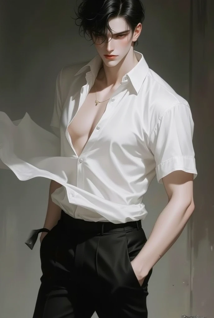 (masterpiece best qualtiy)( AI art)(high qualtiy)1 boy , handsome, charming, fresh,(detail face), ignore face, thick neck , pointed chin, black hair, short hair, tall, stronger, Sharp eyes, Badass, no tattoos, potrait, looking at view, smirk face, standing , lili flower background