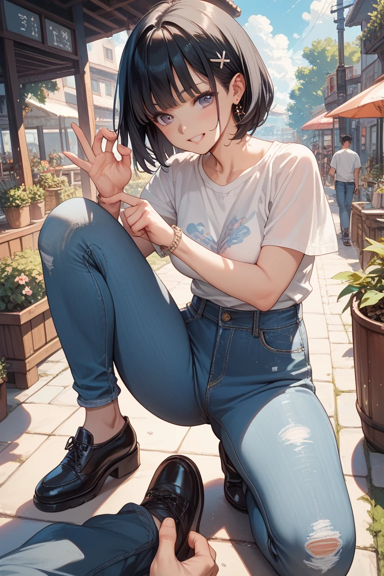 Sitting on the ground、Skinny Jeans、Open legs、Crouching、a beautiful detailed girl、bending her knees、A masterpice、最好质量、Heavily detailed、White jeans、Inter-strands、hotpants、Lower body