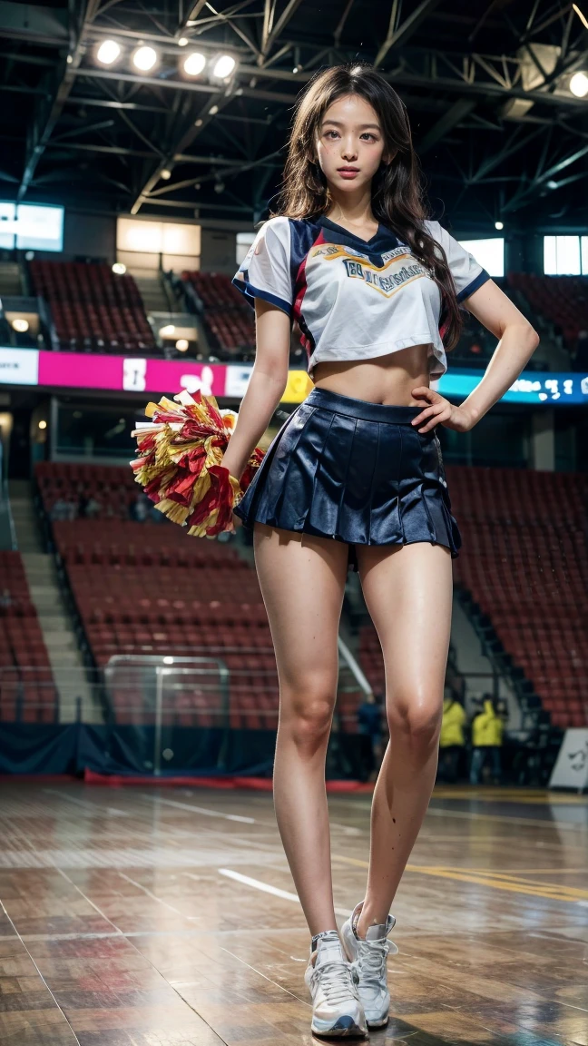 (8 thousand, RAW photos, best quality, table top:1.2), (realistic, realistic:1.37),1 girl, ((The background is a sports stadium.)), professional lighting, photon mapping, radio city, RAW photos、(realistic:1.4)、octane rendering、Highly detailed representation of complex 3D renderings, studio soft light, rim light, vivid details, super detailing, realistic 피부 질감, detail face, Beautiful eye for detail, Highly Detailed CG Unity 16K Wallpaper, assembly, (detailed background:1.2),huge breasts、((Non-breaststroke)), chest lowered by gravity, water-soaked top, rolled up, (Nipples stick to clothes), ((Please show me your panties straight)), The wind lifts my skirt. Spread your legs and cheer. best quality, Ultra A high resolution, table top, 1 girl, brown hair,(Short hair), 20 years old,((Gorgeous Cheergirl Costume、Cheerleader Outfit)), Cute face、((very short pleated skirt))、Nogizaka Idol、Chinese idols、Japanese idle, A shot showing the camera showing panties from down between the legs.., ((Show your pussy)),