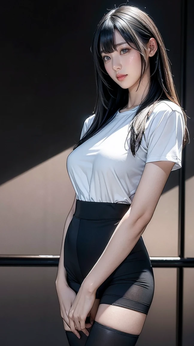 (highest image quality:1.35), high quality, Realistic photo, (A beautiful woman:1.33), beautiful expression, (delicate eyes:1.3), (delicate face:1.3 ), Smile, (slick hair:1.2), Super detailed , high resolution, athletic figure, (big breasts:1.25), (long hair:1.2), (beautiful woman), ( Cute navel:1.2), (Depth of field f/1.8:1.45 ), sharp focus, original photo , (Thin white shirt:1.45), (Thin black pants:1.4), (Thin tight bloack pants: 1.4 ), (Thick thighs:1.5), (Forward:1.25), (cowboy photo: 1.4), (Sports, black background :1.4 ), (black background:1.5 ),