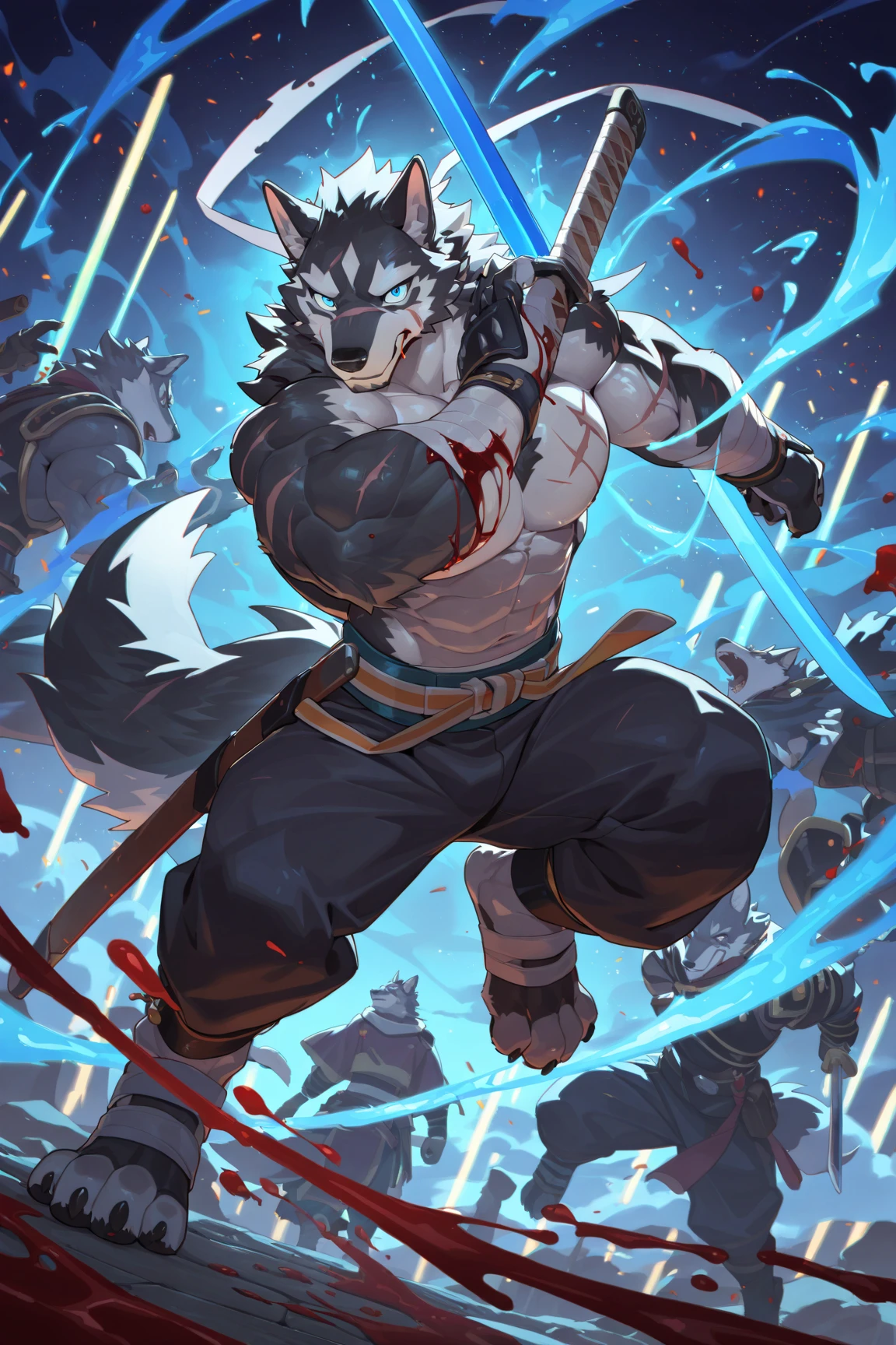 25-year-old male、Fenrir-like werewolf、Sharp Fangs、Fight with a gorgeous black axe、serious expression、Strong body
