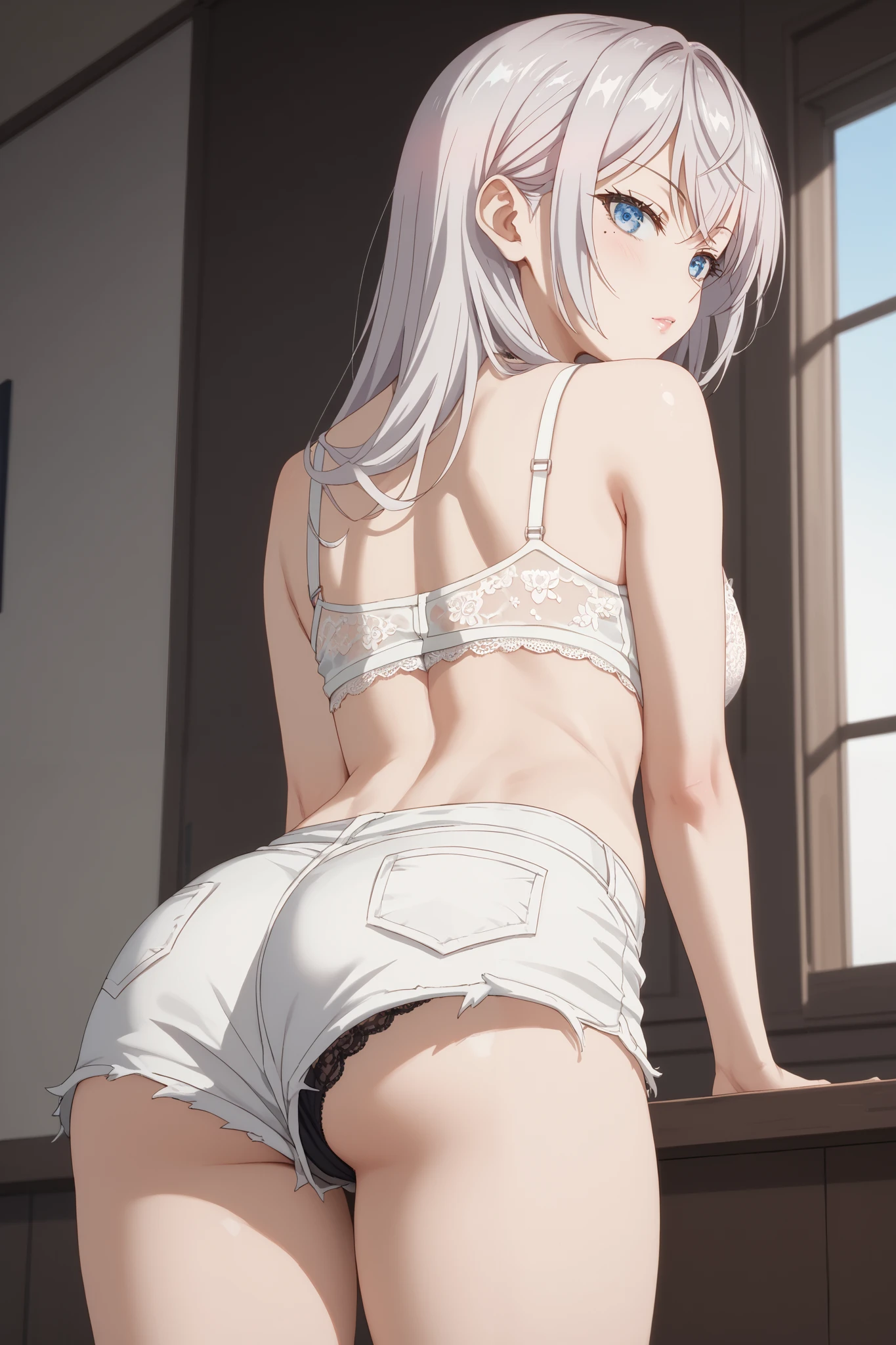 (masterpiece, best quality:1.2), 1girl, solo, scenery, illustration, looking at viewer, school, depth of filed, light on face, portrait, silver hair,
(white panties:1.5), (ass:1.5), kneeling, leaning forward, body tilt, blush, embarrassed, from below, from back, cowboy shot,
spread legs, dutch angle