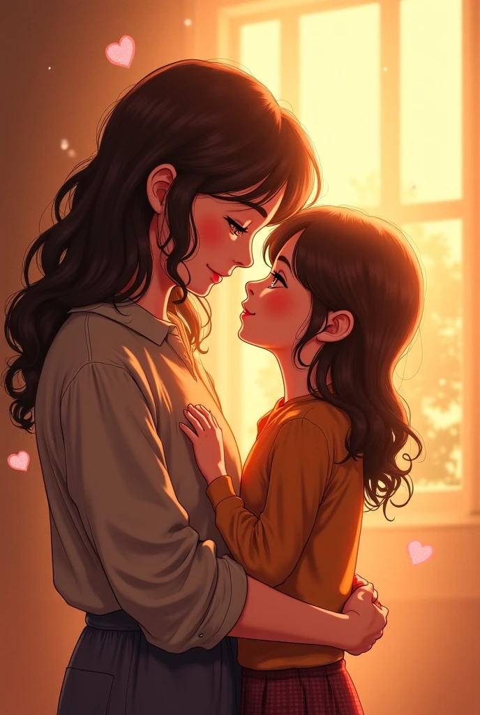 (photorealism:1.2), older sister kissing younger shorter sister in the bathroom and hugging her and brushing her hair 