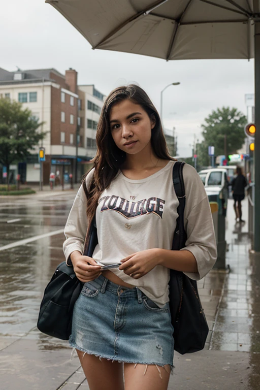 picture of a high school senior walking in a school hallway, (wearing a t-shirt and jeans and a backpack), (top holland face), girlish hourglass figure, (tom holland face), (high school hall background), natural breasts, busty, [detailed texture], [dramatic cinematic lighting]