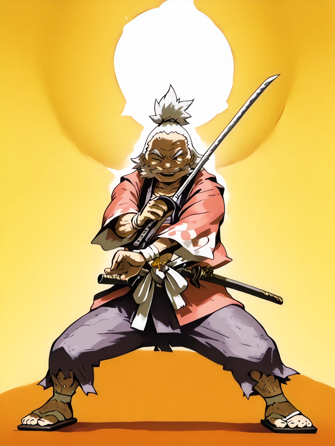 male character,White skin,((red front)),Samurai warrior,detailed shadows on the body,holding a flag of black and white lines,background of a relief of a Japanese mountain,blue sky,yellow sun,ground full of vegetation