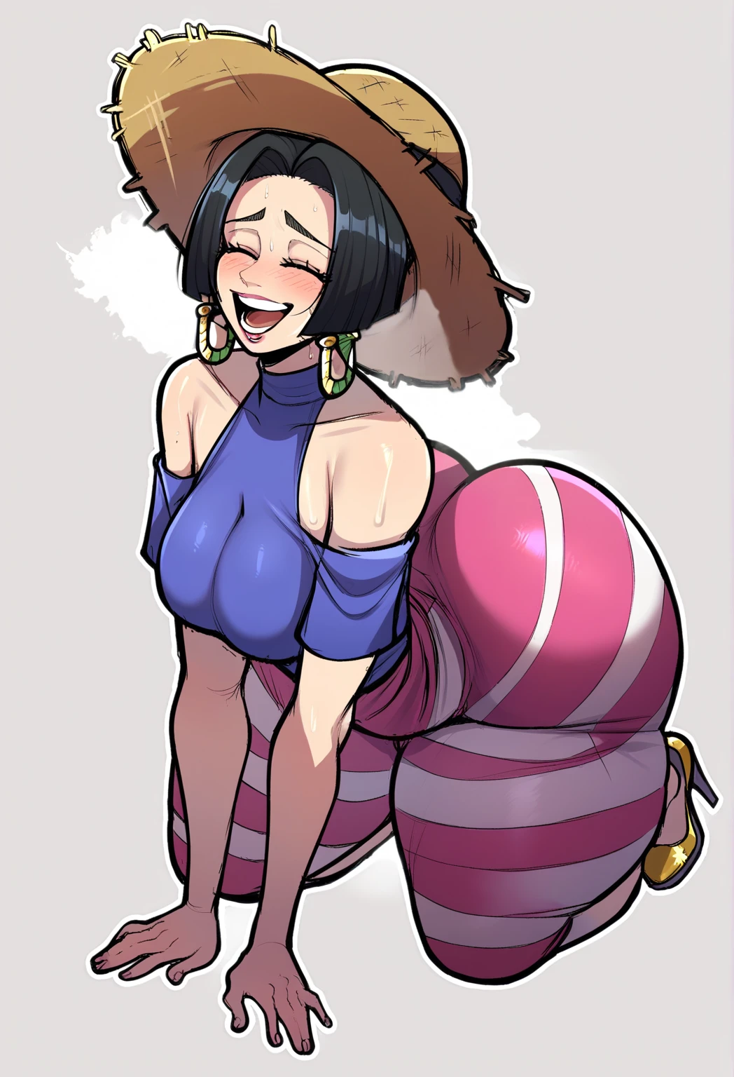 always wears a pair of snake-shaped earrings and high-heeled shoes; her clothes are decorated with the Couja logo. Its beauty is legendary masterpiece,mature mothers, result_9, result_8_ higher, result_7_ higher,Our study ,eyes are closed, open the mouth ,(From the back), bare shoulders, Top shirts,black hair, (a huge and juicy ass:1.2),Upvoted, straw hat , vertically striped skirt, How long is , thick eyebrows ,one girl,Alone, A smile ,big breasts ,big butt,whole body, rend,, On all fours ,sweaty bare breasts,Steam , blush, Boa Hancock nude breasts