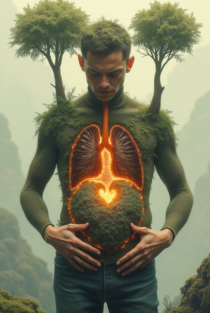 A man with tree leaves on his body