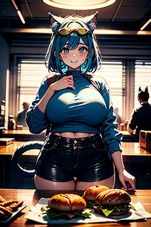 A woman with dark blue hair wearing a tank top and leggings is eating a tlayuda at a taco stand. With side slits Big Ass Spread your legs Cat ear tail Small breasts