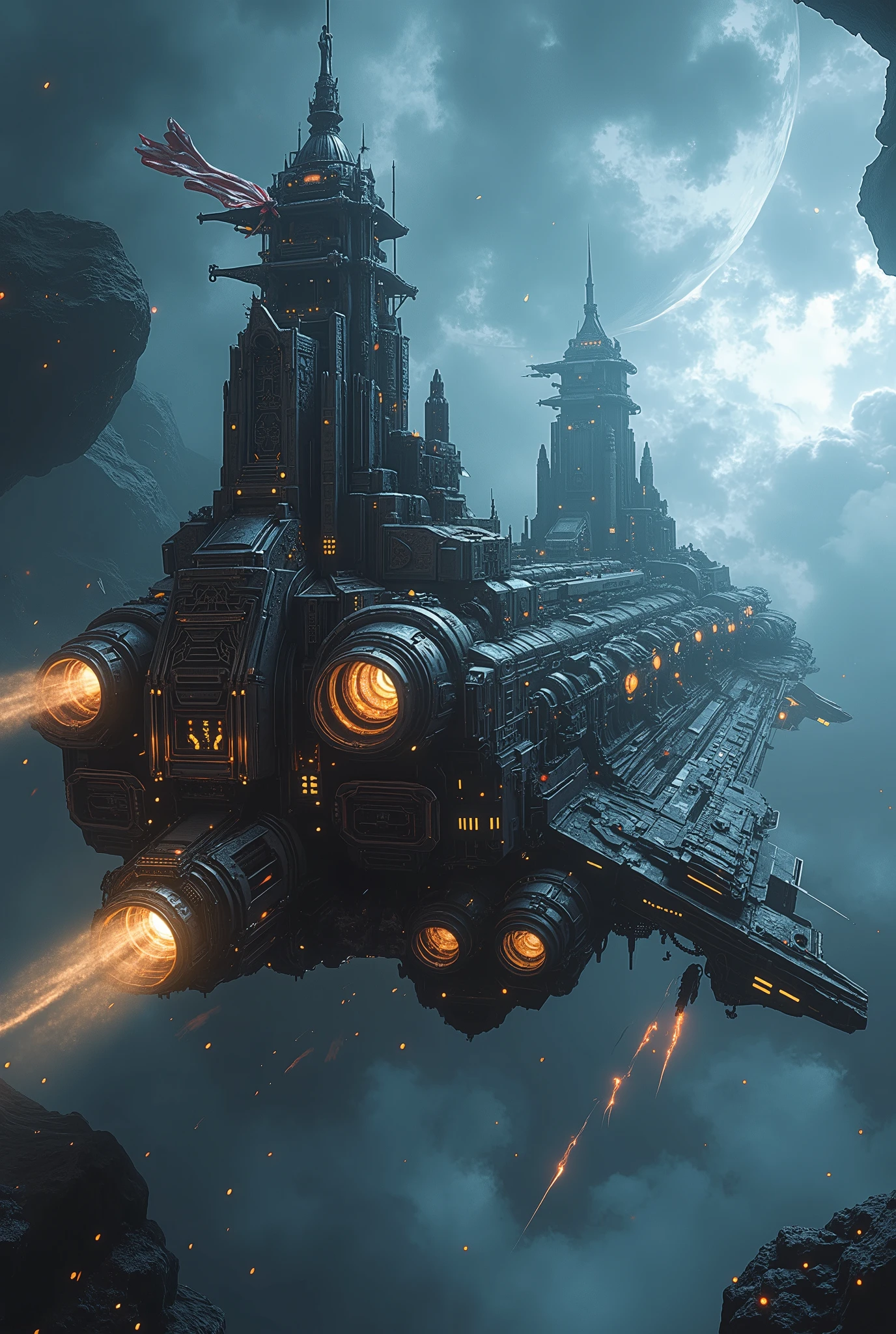 (Masterpiece, ultra-realistic, 32k, best quality, hyper-detailed, cinematic lighting, reversal film photography, film grain, intricate textures, photorealistic, dramatic composition, immersive depth, trending on ArtStation.) (Sci-fi medieval fusion, gothic-mechanical architecture, cybernetic decay, divine yet eerie atmosphere, banners fluttering, ) Empty interstellar cosmic background, The giant space Battle cruiser wandering through. (Sci-fi medieval fusion, gothic-mechanical architecture top, Byzantine styles, towering spires, )(A dynamic wide-angle shot, with volumetric lighting, deep atmospheric contrast, and high cinematic tension, evoking a sense of solemn reverence and otherworldly power.)