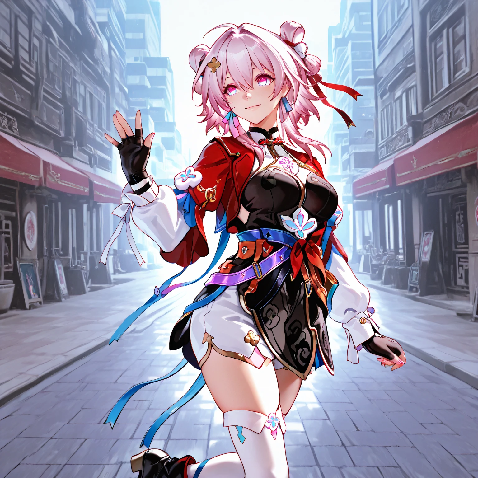 1girl, <lora:Kirisima_v1:0.7>kirisima,horns, short hair, sleeveless, jacket, short dress, full body, fishnets, hand on hip,, <lora:flatBG:-0.6> ,<lora:flat2:-0.6>,(dark light:1.2),(hyper extreme detailed),(masterpeace:0.5),(hyper extreme),(photorealistic),game cg,llustration,novel illustration,beautiful lighting,light from the front,BREAK, <lora:GoodHands-beta2:1>,(good hand,nice hands, perfect hands:1.2),five finger,