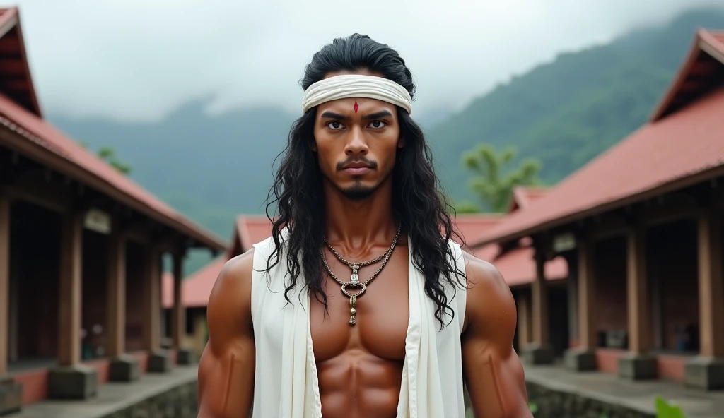 Hyper realistic, Masterpiece, detailed, 8k, a delicate and graceful image of a Handsome javanese male, shirtless, tan skin, golden ornament, golden shoulder pads, night view background, ancient indonesian building, undefined, undefined, hairy abs, wavy medium hair black, big penis