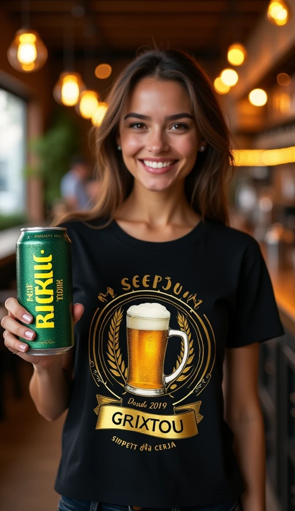 The girl was wearing a large "Rio Beer" sign