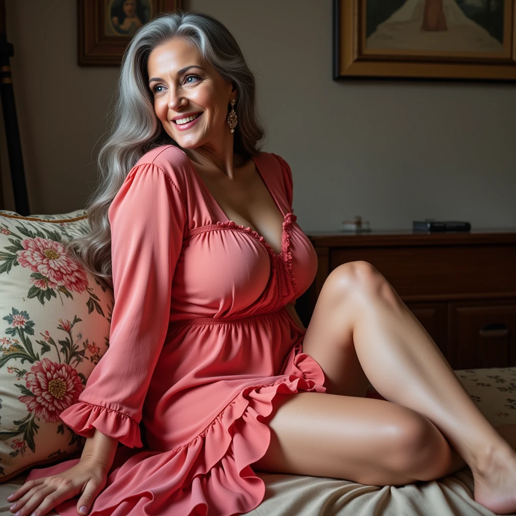 Mature old woman 80 years with brown long curly hair, plus size, old face and body with many wrinkles, loose skin, standing at bedroom posing for photo, She wearing pink nightgown with large neckline and lace stockings, front view. jaw dropping mature older beauty, old face and body with wrinkles, old face, smiling, attractive grandma, a gorgeous old hair, beautiful old grandma, lovely older mature grandma, gorgeous beautiful grandma over 80 years old, beautiful brown long curly hair grandma, beautiful detailed body and face, a beautiful old granny