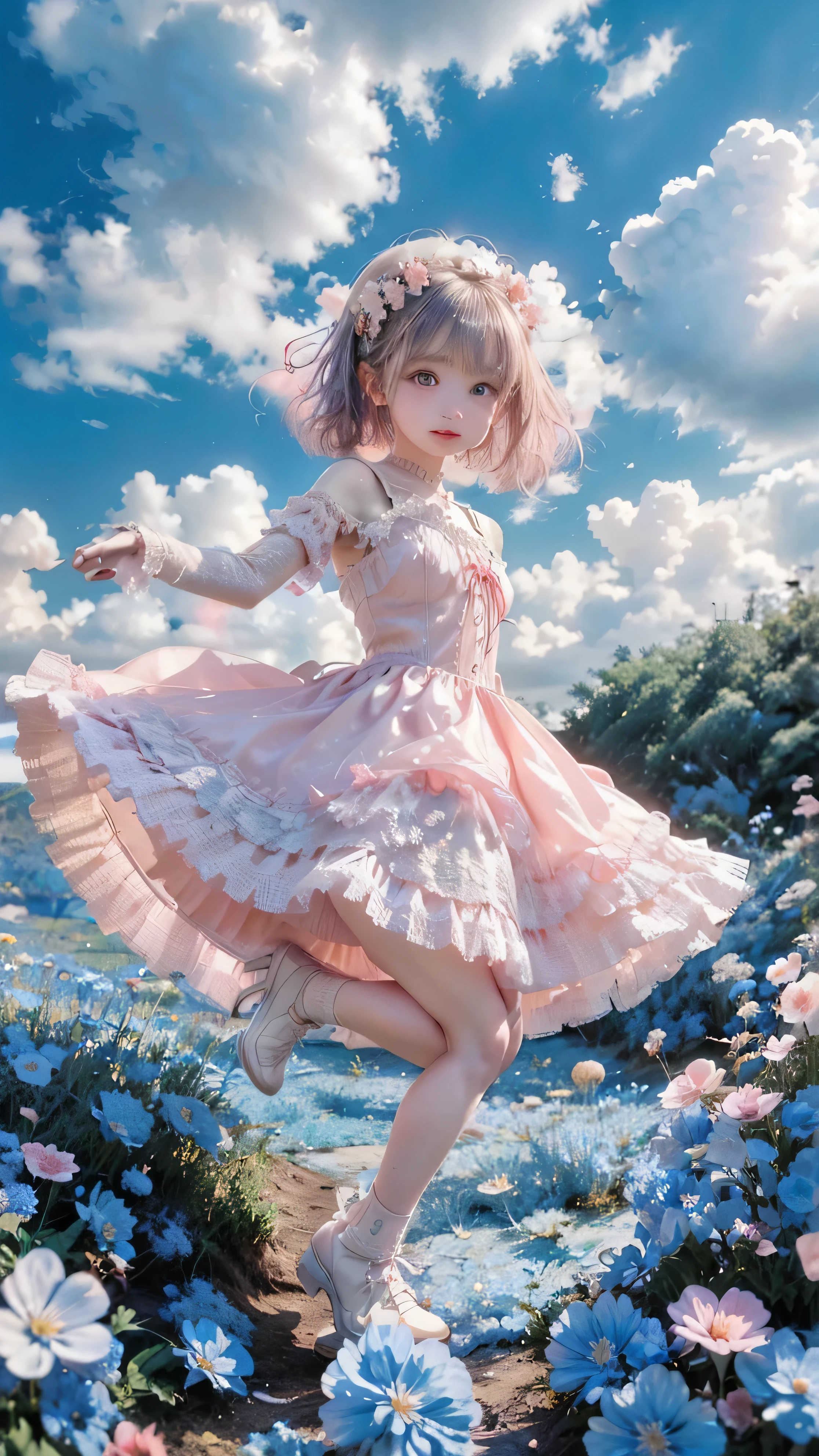Stand in front of the photo、(masterpice), 1girl in,Full body,a short bob,long boots,Open mouth and big smile、kawaii pose、Flowing iridescent silk、up of face、Eye Up、Colorcon with heart pattern、Floral dress、There are flowers even in front of you、flower petals、Fallen leaves and dragonflies、(season autumnal)
