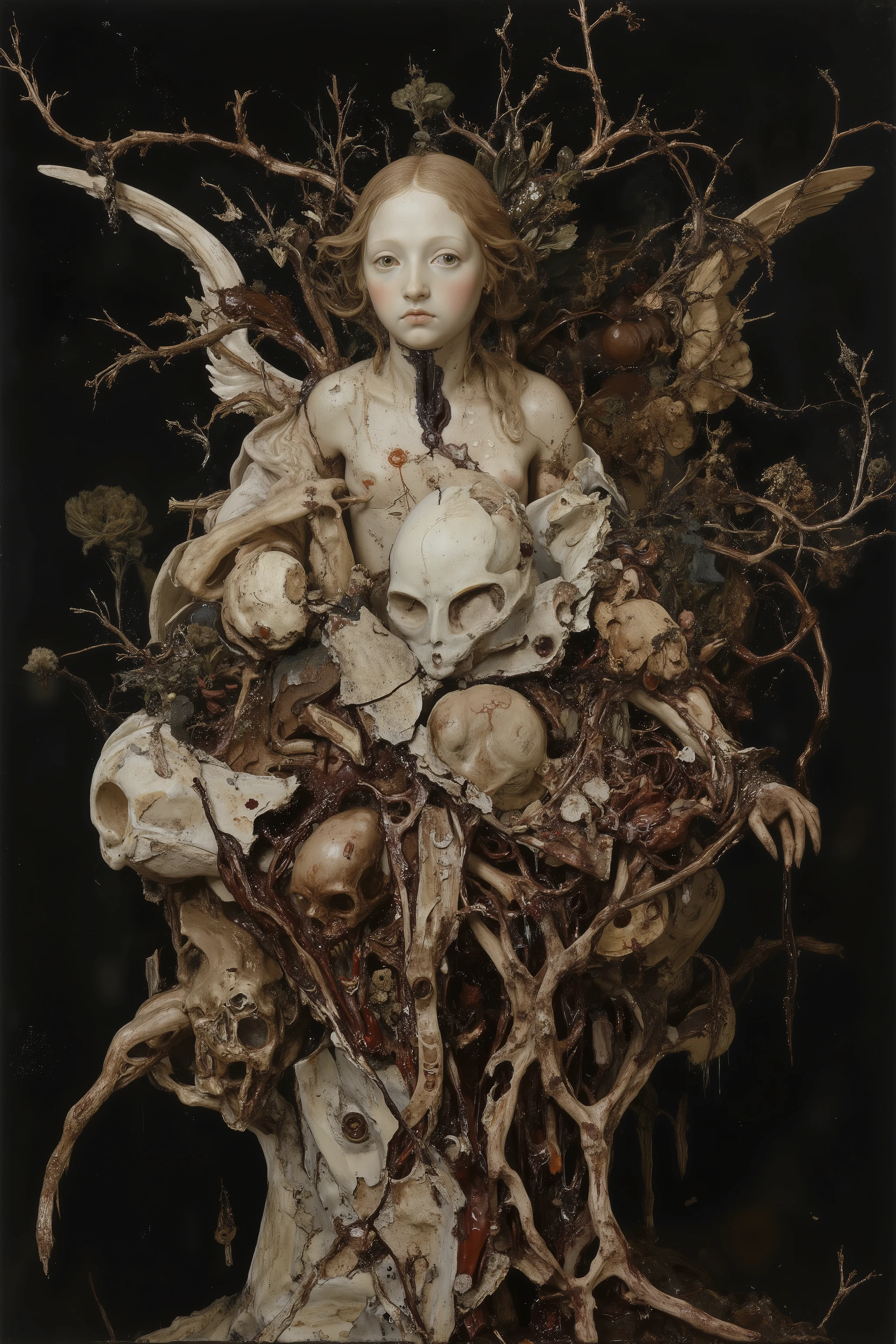 living,beautiful angel,like sculpture skin,wearing robe,heavy crack and damaged Sculpture skin,show inside anatomical bloody gore bodey,Kris Kuksi style,baroque art style,dynamic pose,dynamic angle,dramatic,cinematic lighting,cathedral,(tangled:1.2),(gorgeous),Granulated,plants,blood vessels,ritual,blasphemy,OANATO,made of blood and gore,nisa