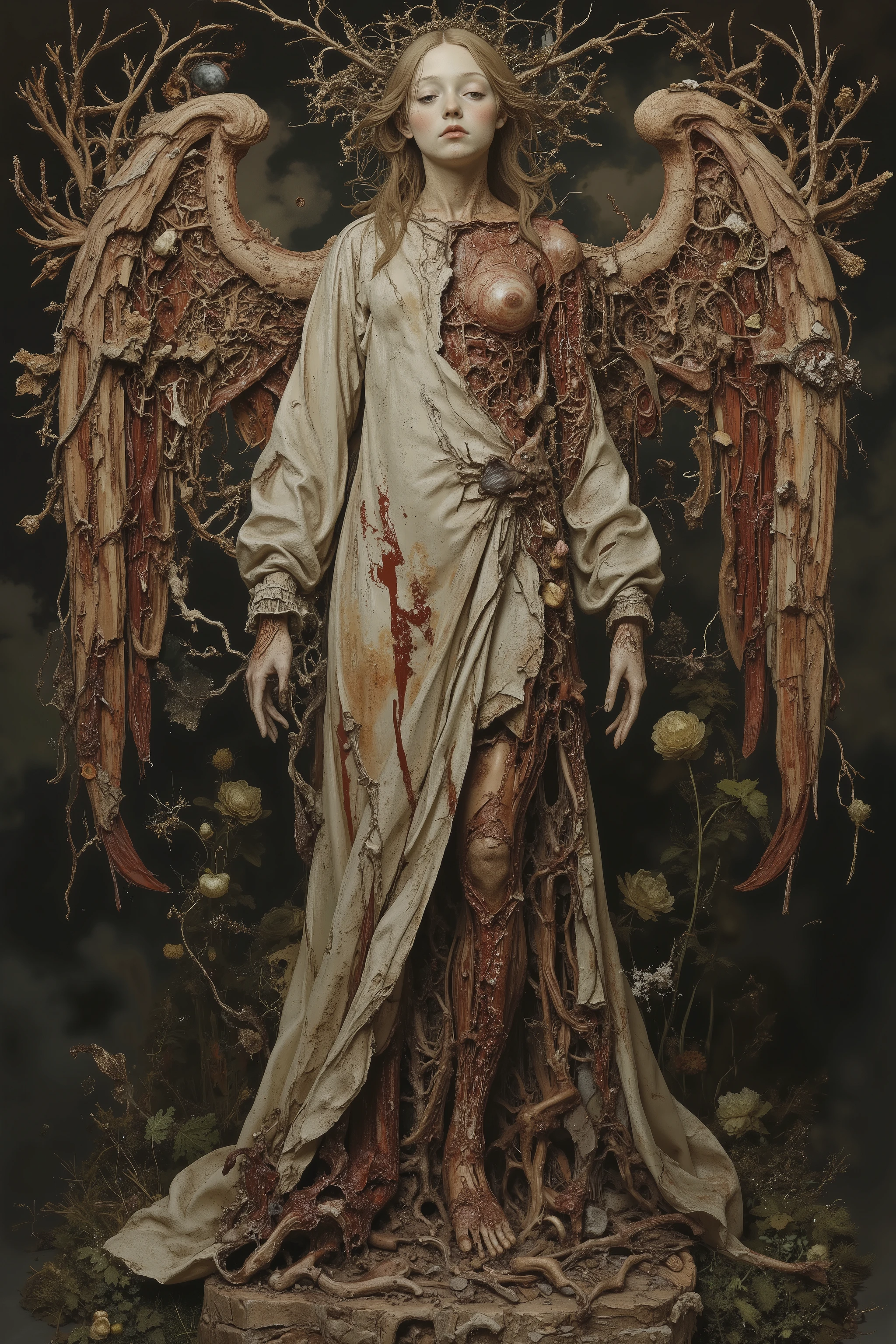 living,(beautiful angel),like sculpture skin,(wearing robe),heavy crack and damaged Sculpture skin,show inside anatomical bloody gore bodey,Kris Kuksi style,baroque art style,dynamic pose,dynamic angle,dramatic,cinematic lighting,cathedral,(tangled:1.2),(gorgeous),Granulated,plants,blood vessels,ritual,blasphemy,beautiful detailed,High Definition,high detail,realistic,high detail, OANATO,made of blood and gore,nisa