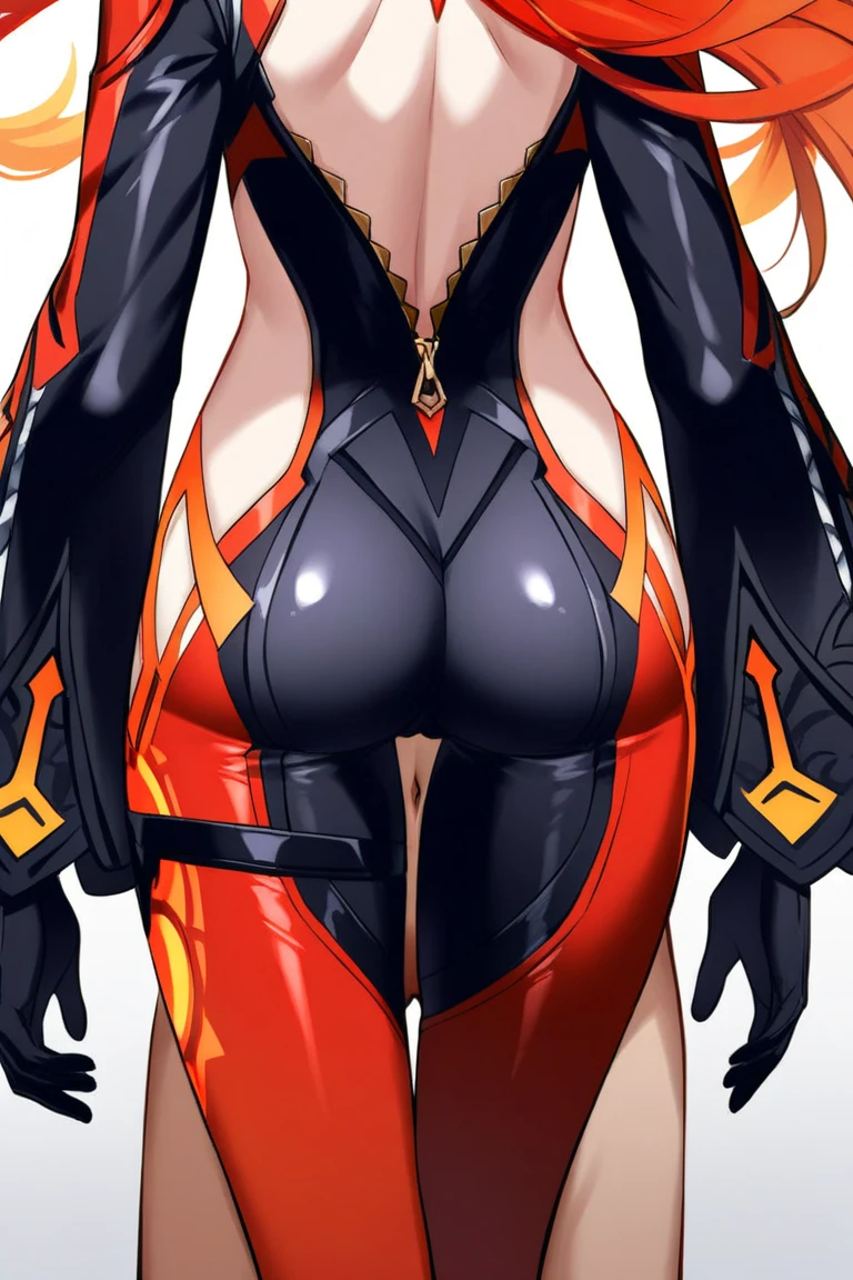 anime girl dehya (genshin impact) busty with thick thighs and big ass bigger than thighs and head and body with long hair hyper ass, ass view good quality