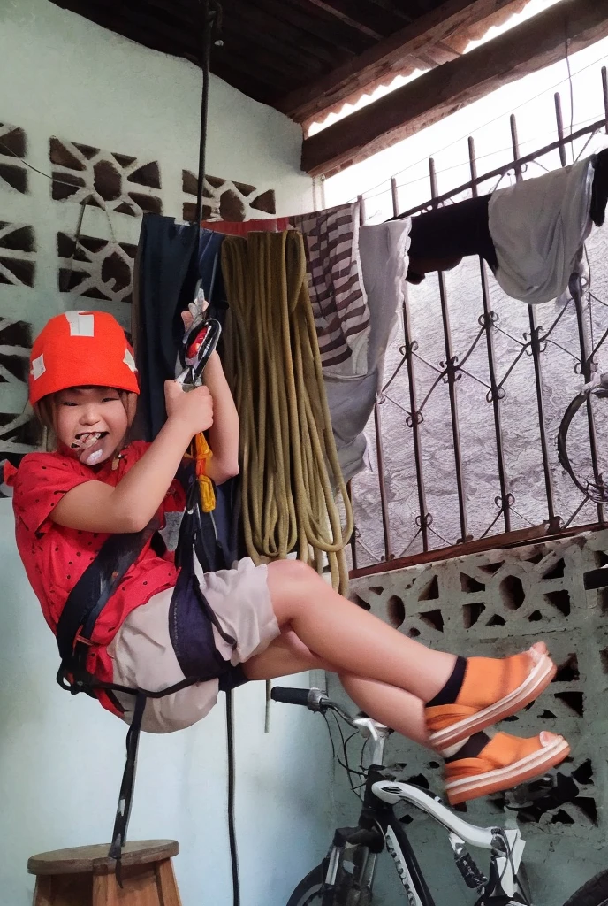 About to bungee jump into a waterfall、jumping from the sky、close up of face、He has rubber ropes attached to his legs for bungee jumping.、大joyで口を開けて叫んでいる、blue sky、arms outstretched、Surprised、joy、Spectacular view、adventure