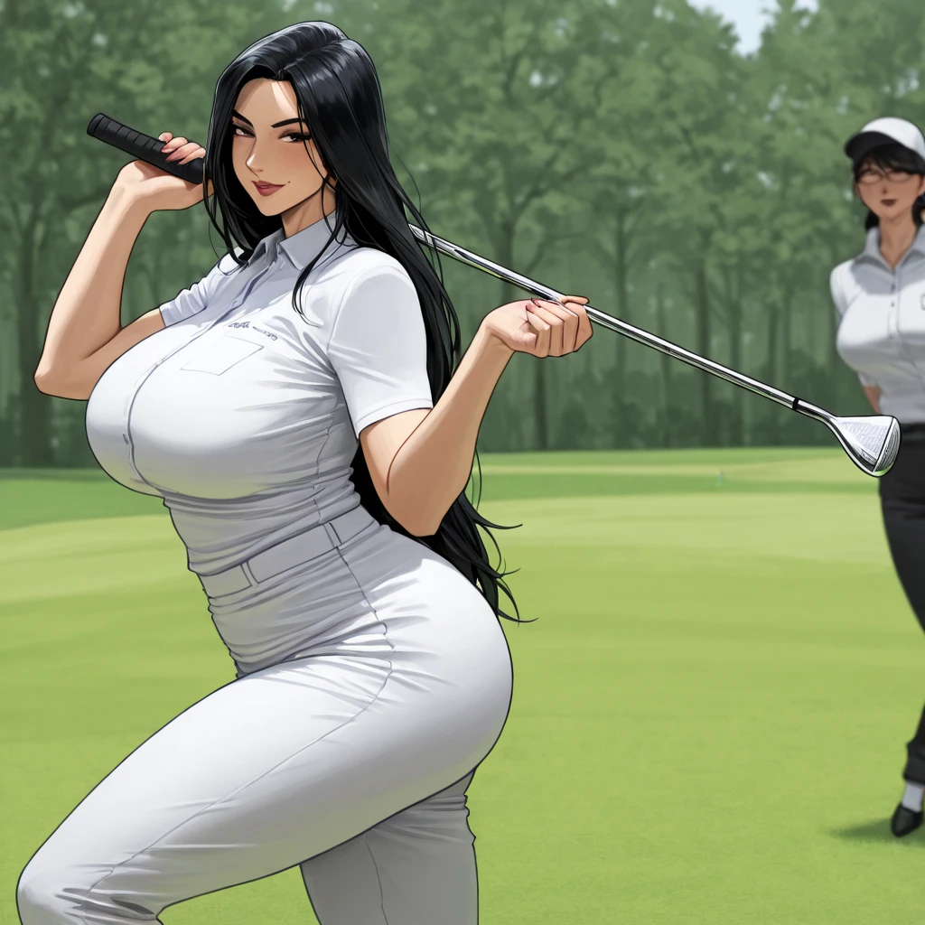sexy woman, mature milf, dark skin, huge breasts, large breasts, curvy, voluptuous, completely nude, nude, ass, nipples, black hair, brown eyes, curly hairstyle, earrings, golf cap, golf club in hand, sweating, shiny skin, grinning, standin, from back, golf course, outdoor, solo focus, multiple mans, nsfw