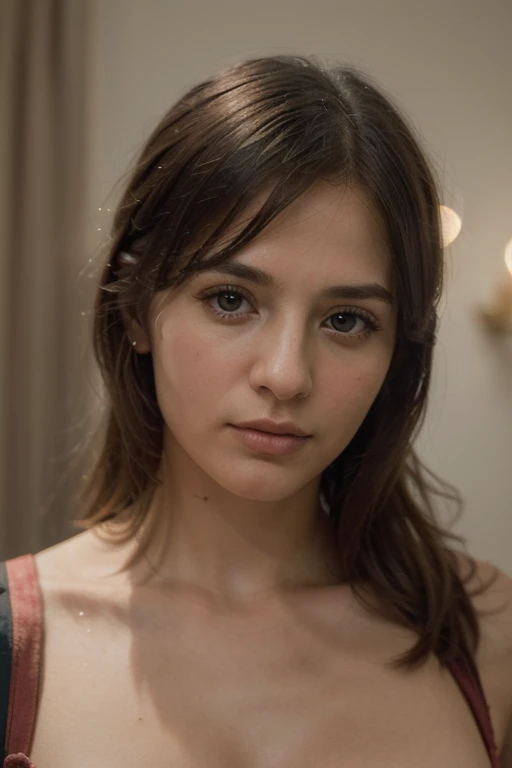 a half body portrait of a 28 years old white female, spanish woman, short hair light-brown hair, diagonal bangs, slicked-back hair, casual outfit, solo, rendered eyes, high resolution 8k, canon eos 5d mark iv 85mm iso 150, associated press