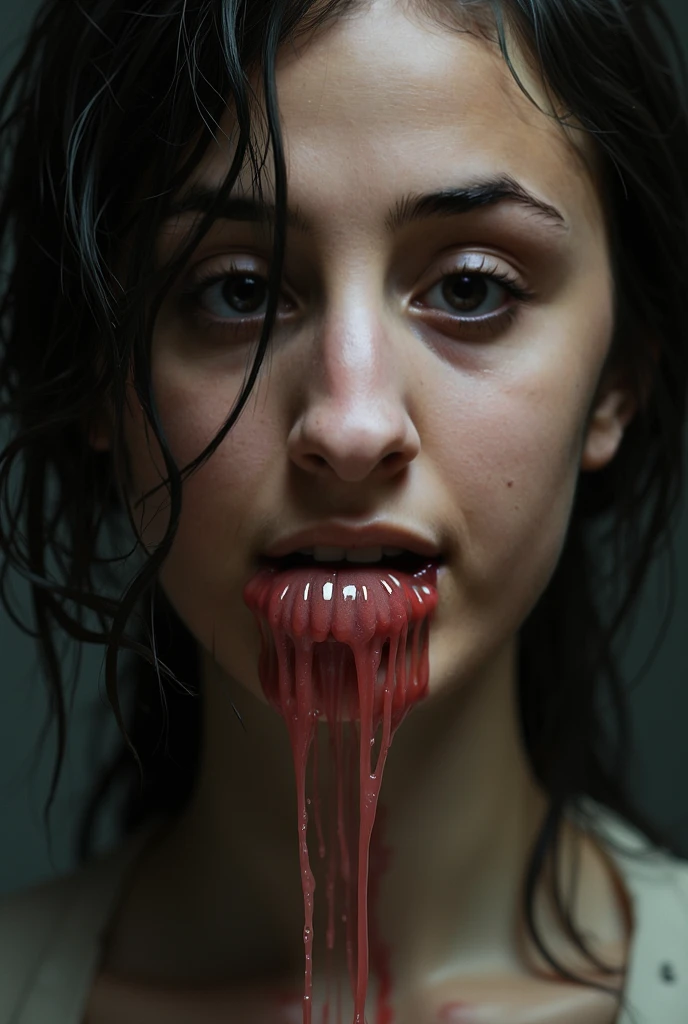 (Highest quality)、(Highest quality)、Ahegao、Long Tongue、Face close-up、Live-action image quality、best skin feel、Makeup thick、Dark circles around the eyes、Red lipstick、Tarako lips、Black Hair、short hair、Hanging eyes、Narrow eyes、Thick eyebrows、Stare intently at me、Face close-up、Face close up、short hair、short hair、Hentai face、Real、looking at the camera、Camera gaze、細いHanging eyes、Lip Pull