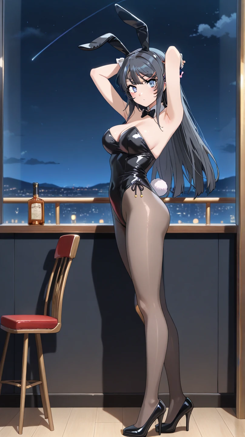 masterpiece, best quality, ultra-detailed, illustration,1girl,
long hair, black hair, 
medium breast, slim legs, navel, nervous,  bunny girl outfit, net sock, bar