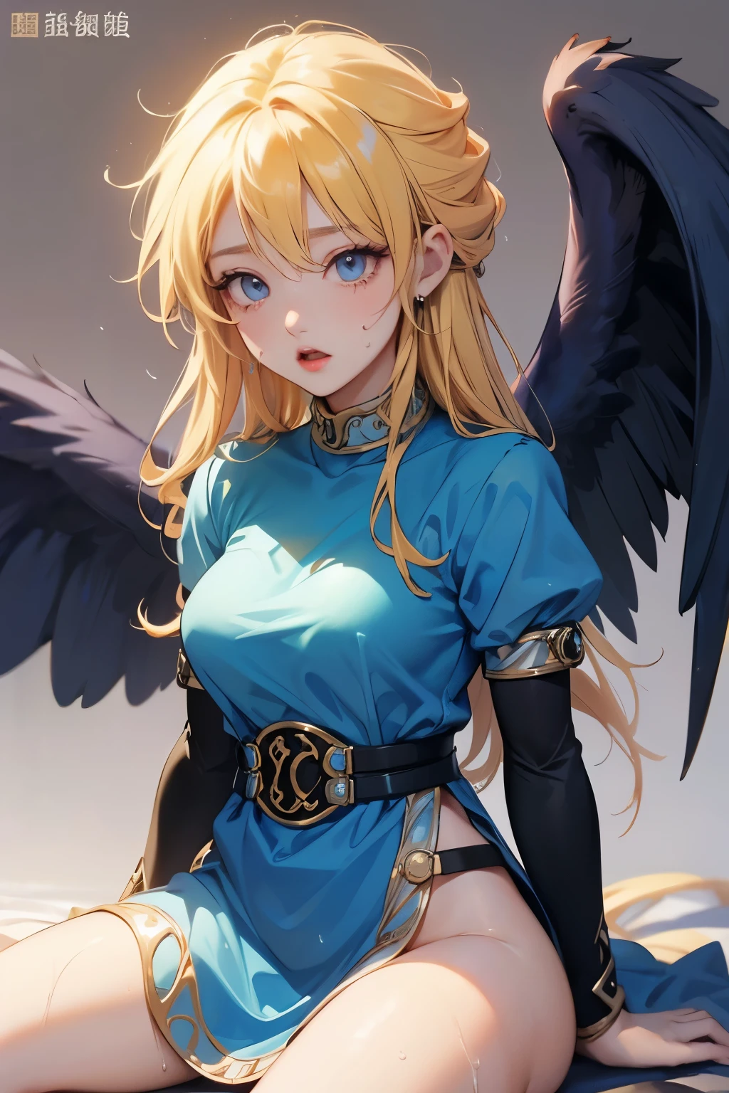 masterpiece、(pov,front,shot from below、Staring at the viewer )、Nina、breath of fire2, Gold、blue dress、 black wings、((cowgirl position、Open your legs and kneel、Straddle a man))、(Hide your pubic area),、((cover、sweat、sad))、(narrow your eyes、open mouth、orgasm、太腿のsweat)、simple background、No captions or watermarks