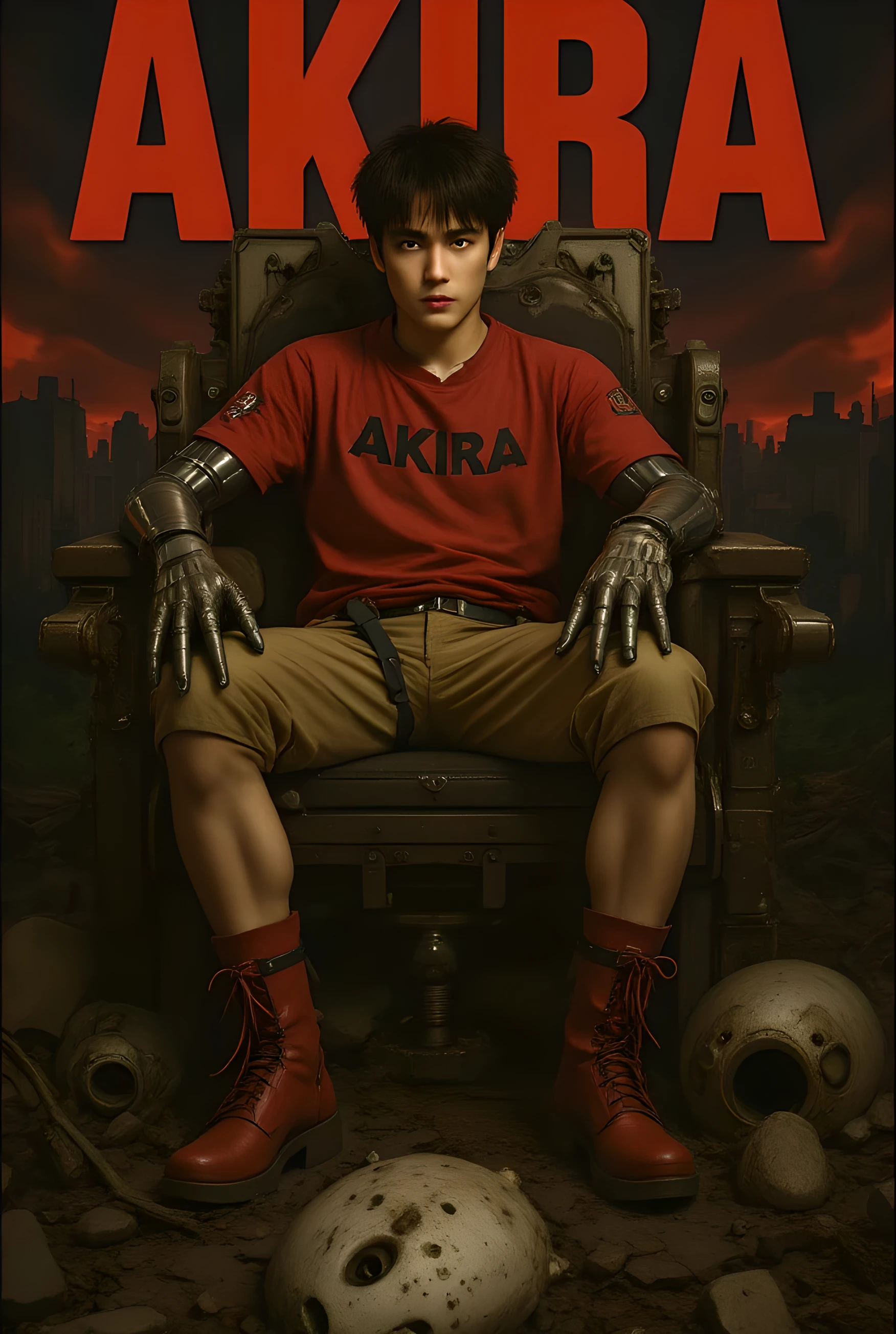 a poster of the anime Akira, featuring Tetsuo sitting on top of a chair made of rubble and metal, in front of an overgrown, dilapidated city with giant letters " Akira" in red on it. He is wearing cyberpunk and has mechanical limbs, surrounded by various machines that resemble animals or monsters. The background features a dark red sky with black clouds, creating a dramatic atmosphere. This artwork style captures elements from Katsuhiro Otomo's manga. --style raw