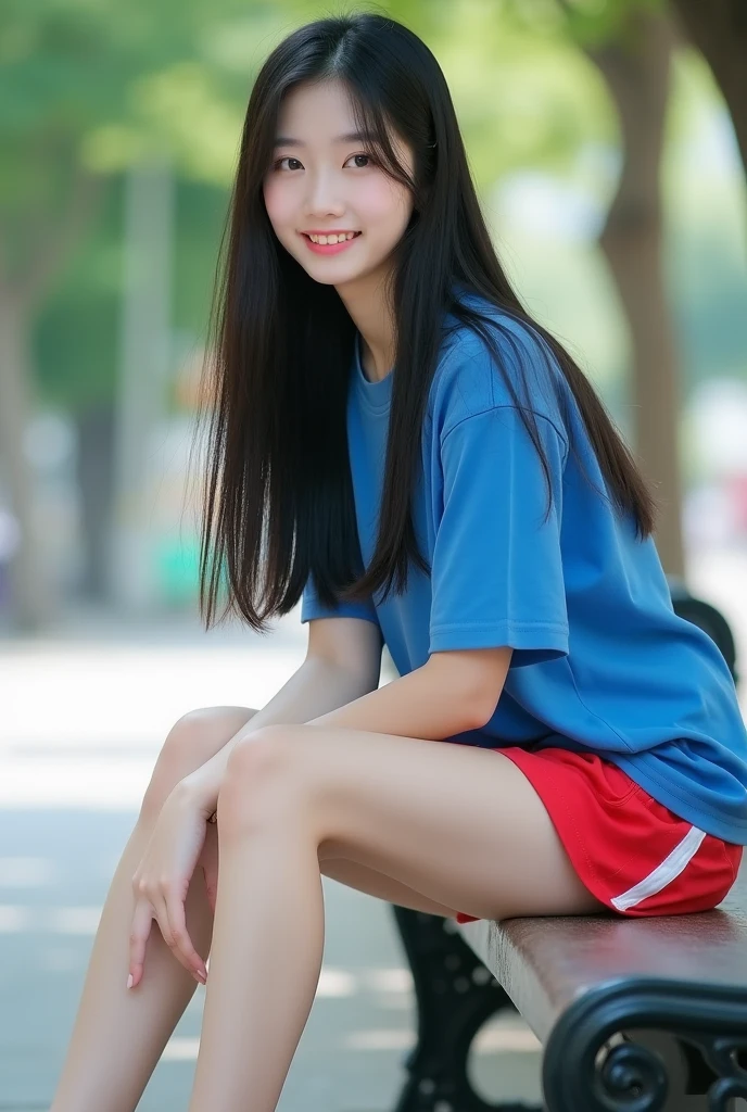 (Highest Resolution, 4K, masterpiece: 1.3), Japanese women, A photo of a woman, cute: 1.1, Beautiful Eyes,Symmetrical eyes,Big eyes, Slim figure, Realistic teeth, double eyelid, smile、(whole body:1.3), highest quality, detailed, Long Hair,、(White T-shirt)、(Light blue overalls)、(Hugging own legs,Hugging own feet:1.3)、