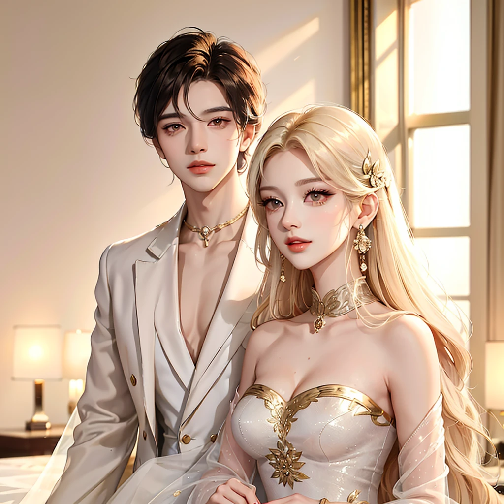 there are two people dressed in formal clothing posing for a picture, wlop and sakimichan, artwork in the style of guweiz, wlop and ross tran, wlop and andrei riabovitchev, neoartcore and charlie bowater, loish and wlop, knight and princess, loish and ross tran, with white hair