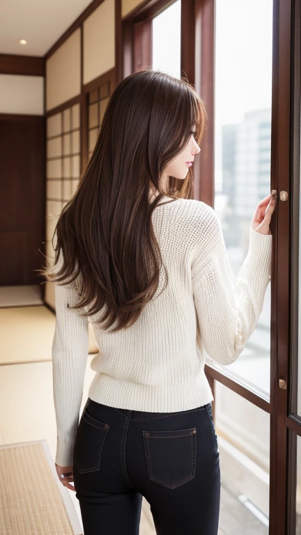 dark brown hair、light brown eyes、The face of the Japan actress、adult lady、The face is about 40 years old.、(intricate-detail:1.2)、(top-quality:1.4)、 (超A high resolution:1.2)、超A high resolution、(A detailed eye)、(detailed facial features)、HDR、8K resolution、moderately sized udder、wearing a warm sweater、I'm showing my butt towards me、Knees are smooth、Long、length hair、