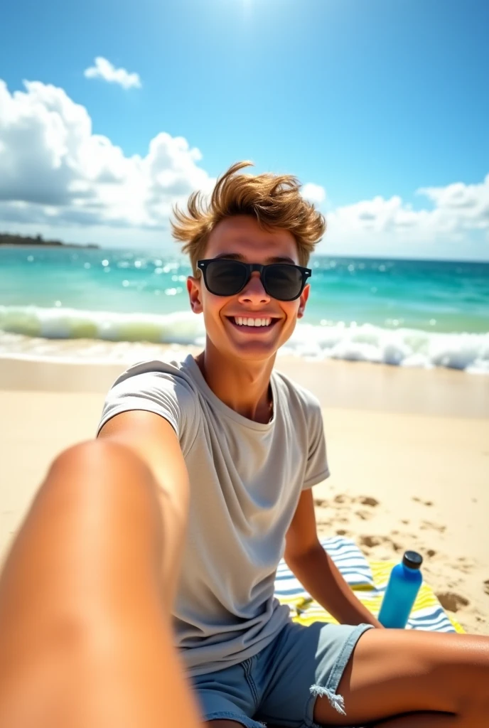 Slim light tan young man taking a selfie on the beach with clear water 