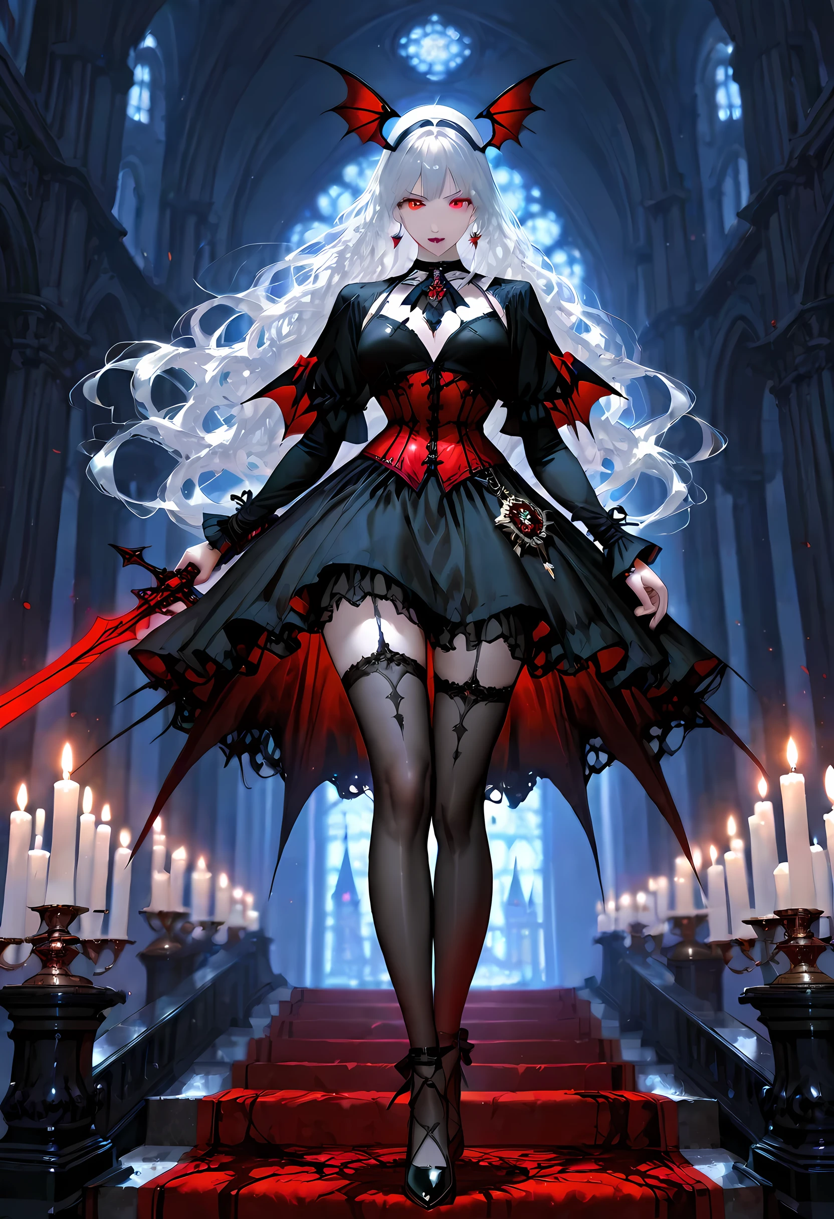 portrait of olo female vampire, ultra feminine, full body, busty woman, most beautiful face, glowing red eyes, long hair, wavy hair, wearing red silk corset, black stockings, wearing intricate high heels, in her castle, holding a dark sword, model shot of an exquisite beautiful goth light make up, goth castle background, lit by candles, there are stains of blood, RAW, award winning, of black and white filter, picture taken from dynamic range, ultra wide shot, photorealism, depth of field, hyper realistic, 2.5 rendering, Cinematic Shot, commix style, Vampire Dress, LOAsuccXL