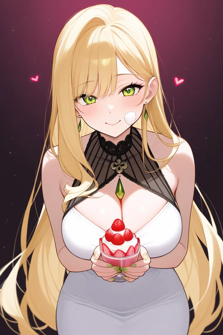 upper quadratic equation,adorable,dream magic,grace, huge cleavage,devil's horns,masterpiece,Japan Manga、blonde、Holding a strawberry close to your face、