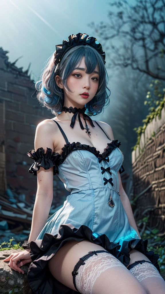 (Close-up:1.4)、(RAW shooting:1.2)、(photorealistic:1.4)、(masterpiece:1.3)、(highest quality:1.4)、solo、7 head and body、(slender and beautiful girl)、cute、(beautiful detailed eyes)、(charming big eyes)、(beautiful double eyelids)、(beautiful and detailed face)、(gentle smile:1.2)、(big breasts:1.2)、(cleavage)、(erect nipples:1.2)、(full body shot)、8K、(muste piece:1.2)、(pale blue hair、short bob:1.3)、(Bangs Patsun)、(headdress、white blouse、black ribbon、ruffle skirt、puff sleeves、collar、choker、white apron with fine frills：1.3)、White Knee High Socks、black maid costume、(Sexy model pose with chest sticking out:1.3)、cowboy shot、view audience、(small butt)、(beautiful thighs)、cute系、(perfect ???????:1.2)、ancient city、