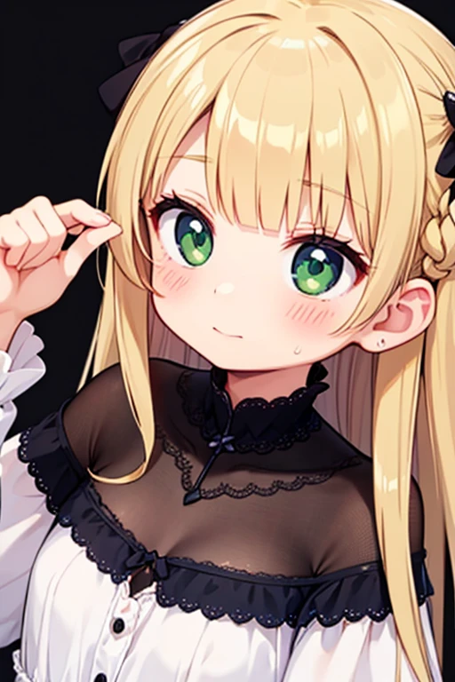 ((((Open your mouth))))、masterpiece,highest quality,High resolution,Very detailed, bb Festival ,skinny,Ahoge,BLOND Hair,((((( Captivating smile ))))),skinny,Hair between the eyes,bangs,Hair Ribbon,Black Choker,Earrings,Black Ribbon,plaiだ shirt,Grey Shirt,shoulだer cutout,Short sleeve,See-through sleeves,Black Skirt,High Waist Skirt,Race,(( Perfect Fingers )) , shoes,(black shoes:1.4),Race trim,shoes,Black footwear,indoor,(Cafe:1.2),((Blowjob Gestures:1.5))、Open your mouth ,Sitting,Chair,Heavy breathing ,Hand in front of your mouth,Hand in front of mouth, (((Blond twintails))) (((Green eyes))) (((LOLI))) (((YOUNG)))