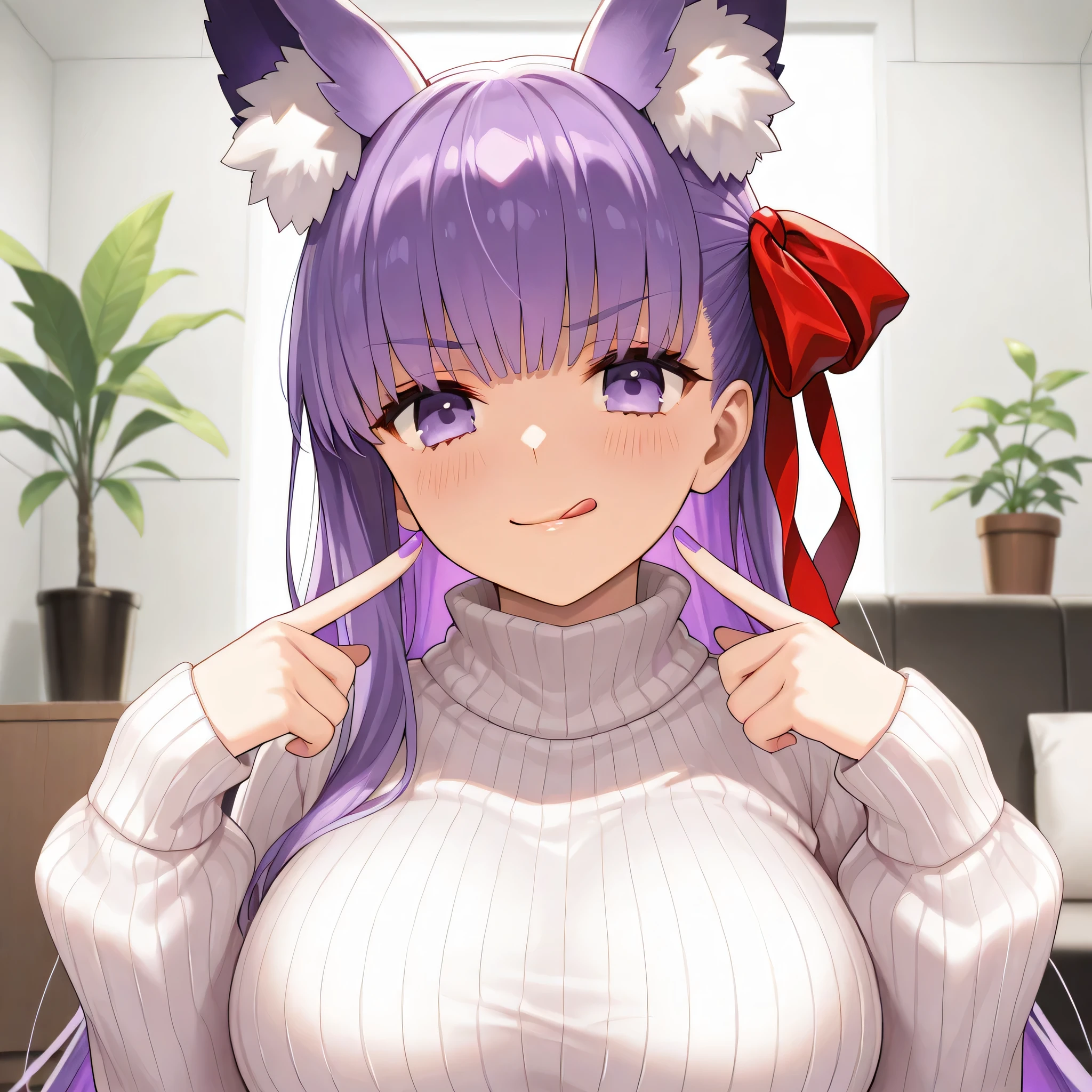1girl, :q, bb \(fate/extra\), blush, breasts, indoors, jewelry, large breasts, licking lips, long hair, long sleeves, looking at viewer, nail polish, pointing, pointing at self, potted plant, purple hair, purple nails, ribbed sweater, smile, solo, sweater, tongue, tongue out, turtleneck, turtleneck sweater, upper body, white sweater, purple eyes, blunt bangs, fox ears, hair ribbon, very aesthetic, blunt bangs, red ribbon, purple fox ears