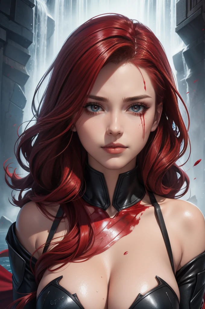 1girl, detailed face, beautiful detailed eyes, beautiful detailed lips, extremely detailed face and eyes, long eyelashes, red eyes, fire witch, blood on face, flying hair, cleavage, light particles, lightning rays, colorful, high contrast, vampire, smirk, evil smile, psychopathic smirk, psychopathic smile, tilted head, dark fantasy, dramatic lighting, supernatural, moody, cinematic, vibrant colors, volumetric lighting, dramatic atmosphere, intricate details, masterpiece, best quality, 8k, high resolution, hyper detailed, photorealistic