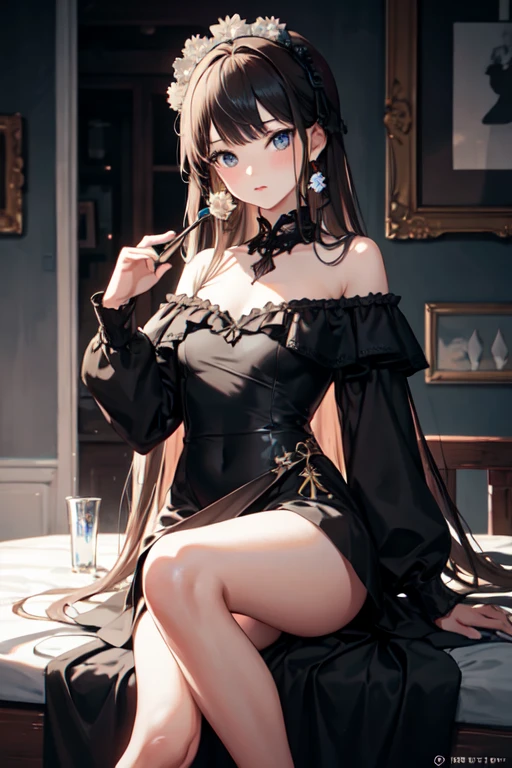(((Masterpiece))),(((Super Detail))),(((in 8K))),(((best composition))),(((Rim lighting,Fireglow effect,deep shadow))),solo),Beautiful fingers,Detailed finger features,(Detailed hair features:1.7),(Dynamic and sexy bending pose:1.3),detailed facial features,detailed clothes features, (perky chest:1.1), (pointed chest:1.3), delicate beautiful face, Bright blue eyes, cute eyes, sparkling eyes, Big eyes, beautiful detailed eyes,double bun with glittering hair ornament:0.6,(super detailed glossy skin:1.3),slender body,goddess smile,((with sparkling eyes and a contagious smile)),beautiful posture,silver bronde hair, blue eyes, dress, bare shoulders,collarbone, sidelocks, hairband, earrings with jewelry, off shoulder sweater dress, arms behind back:0.4, air plant, long hair with long locks, gold hairband, off-shoulder dress, sweater dress, off-shoulder sweater, red sweater, big side hair, very long side hair,(super delicate floral pattern:1.2),seductive cleavage:1.3,beautiful glossy legs,shiny red high heels,lifting dishes with cup of a coffee,french restaurant,hustle and bustle,rising steam,(((depth of fields)))