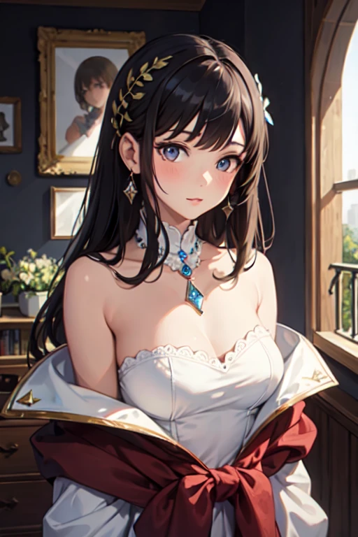 ((highest quality)),(ultra high resolution),(Super detailed),(detailed description),((best CG)),(best work of art),super precision art,great drawing art,(Works with precise details:1.5), (1 woman:1.6),(beautiful and well-shaped face:1.5),(緻密で詳細に描写されたレース付きSee-throughドレス:1.8),See-through:1.4,Luxury jewelry with intricate details:1.5,Waist Accessories:1.5,Look at me and smile:1.5, Antique furniture:1.6