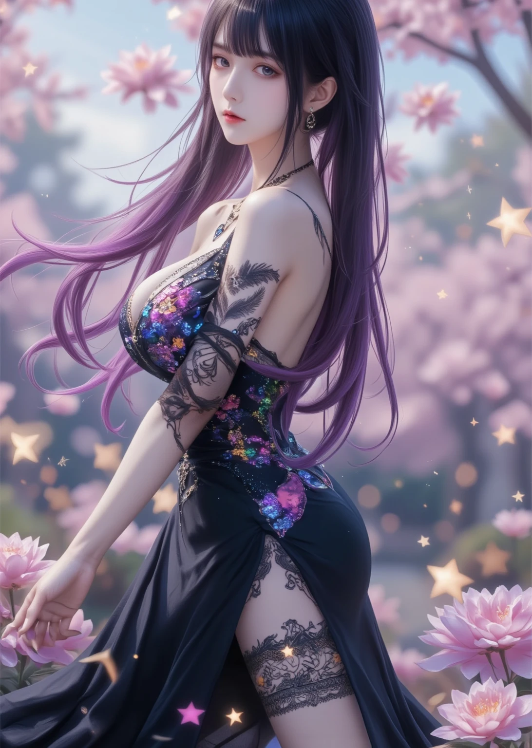 tmasterpiece, hoang lap, hyouka\(Boruto\), 1girll, 独奏,Mature and sexy female, Purple lace lingerie,sexy panty,Alvine,exteriors,Lavender flower field, looking at viewert, (Falling petals), mostly cloudy sky, perfect compositions, Detailed lips,, beauitful face, Body support, Be red in the face, (redish pink lips), long whitr hair, a purple eye, tear-mole,Soft gaze, Sad smile, Super realistic, A detailed, photoshoot, Realistick faces and bodies, photo-realistic hair, photorealistic eye,realistic nose,realistic lips