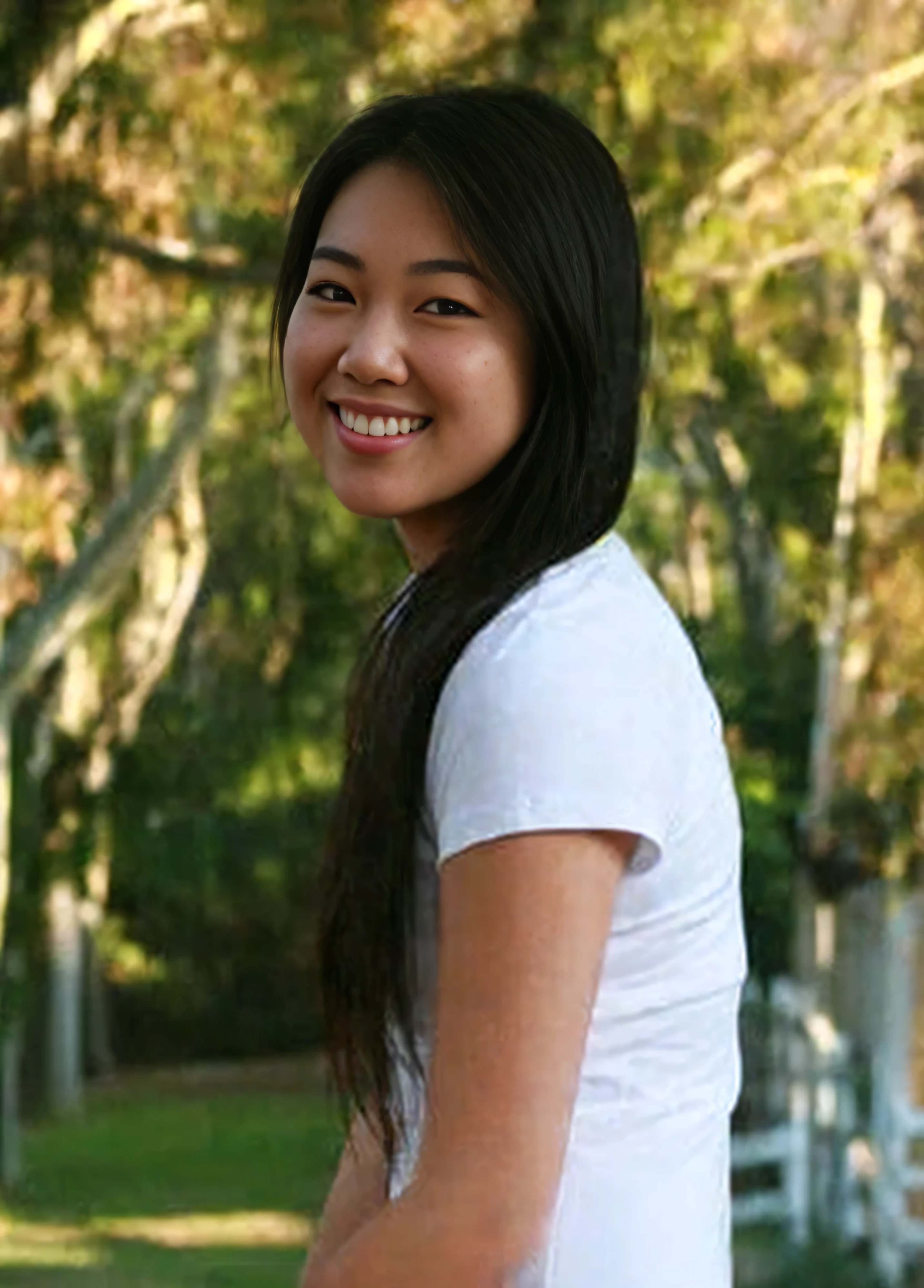 ((Side shot looking to her side)) PORE LEVEL DETAIL!!!, WET SHINY SKIN!!, a Japanese girl (19yo), Smiling ((Slight Snaggletooth)) ((((PERFECT DETAILED FACIAL FEATURES)))) with long black hair with a white shirt, portrait, in a park, (Detailed perfect facial details), (((ultra detailed skin, Lifelike, 4k hd, DSLR, lifelike, masterpiece, natural lifelike perfect color, perfect clear lighting, breathtaking lifelike details, perfect anatomy, super detailed skin, beautiful face ultra-detailed hyper detailed face、Detailed lips、A detailed eyes, (realistic, photorealistic, photo-realistic:1.37) (Realistic), (RAW Photography), ((best quality)), (Detailed perfect facial details), ((((hyper real photo, hyperrealistic, hyperrealistic picture)) , perfect anatomy, super detailed skin, (((ultra detailed skin, Lifelike, 4k hd, DSLR, lifelike, masterpiece, natural lifelike perfect color, perfect clear lighting, breathtaking lifelike details