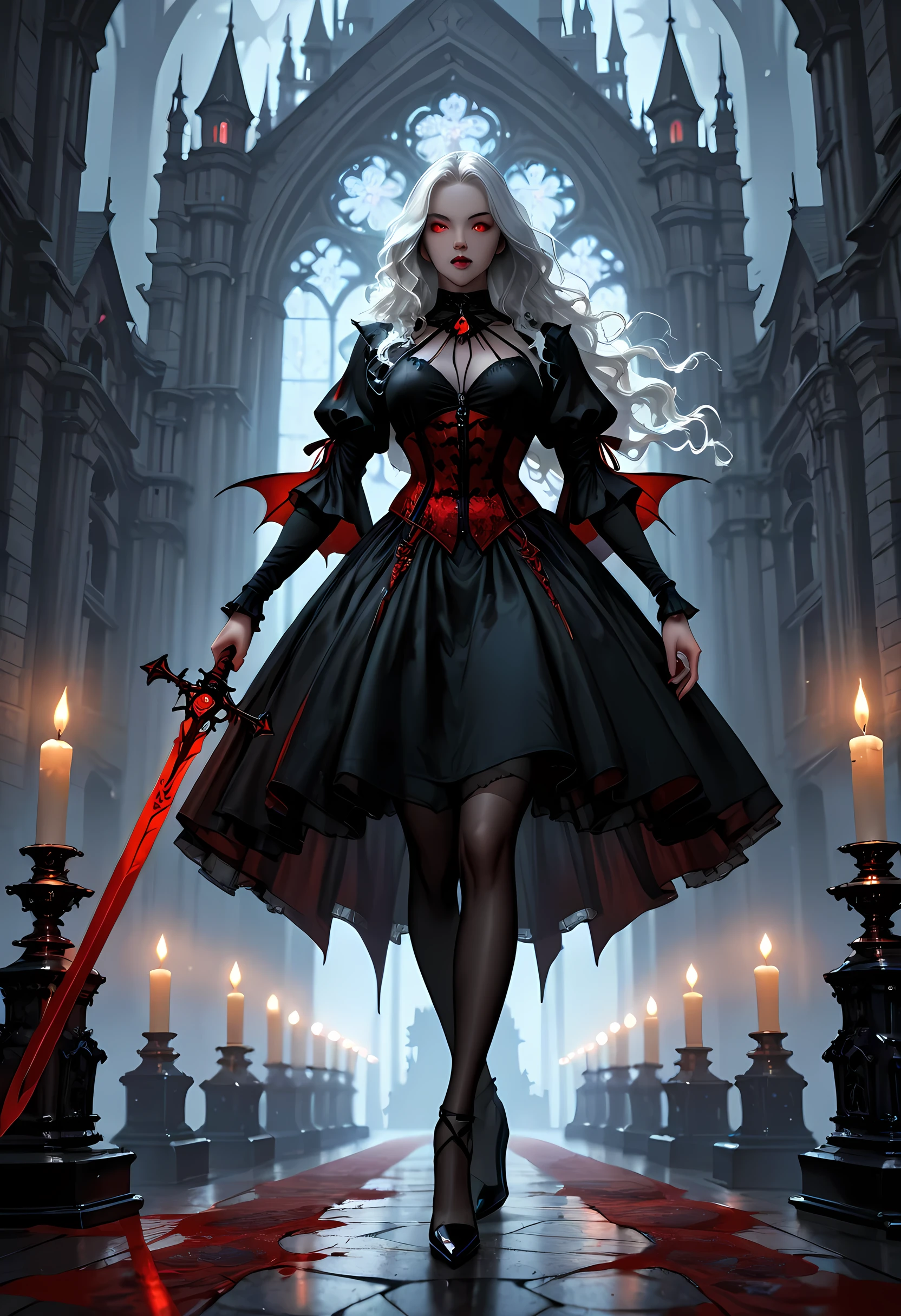 portrait of olo female vampire, ultra feminine, full body, busty woman, most beautiful face, glowing red eyes, long hair, wavy hair, wearing red silk corset, black stockings, wearing intricate high heels, in her castle, holding a dark sword, model shot of an exquisite beautiful goth light make up, goth castle background, lit by candles, there are stains of blood, RAW, award winning, of black and white filter, picture taken from dynamic range, ultra wide shot, photorealism, depth of field, hyper realistic, 2.5 rendering, Cinematic Shot, commix style, Vampire Dress, LOAsuccXL